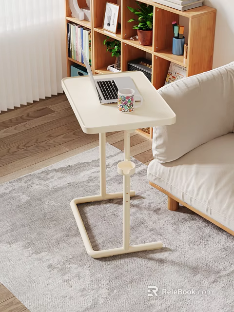 White Desk With Adjustable Stand In Living Room Featuring Laptop And Colorful Mug 3d model 
