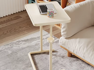 White Desk With Adjustable Stand In Living Room Featuring Laptop And Colorful Mug 3d model
