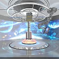 Futuristic Space Technology Scene With Rocket Robotic Arm Blue Earth And Glowing Platform