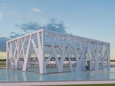 Modern Office Building With White Geometric Framework And Glass Curtain Wall Surrounded By Water Pool 3d model