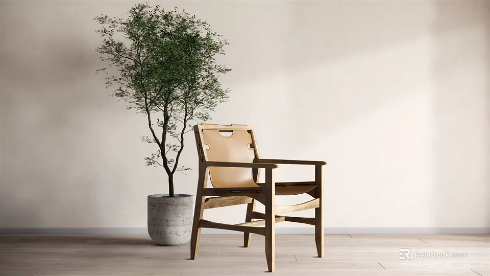Stylish Leisure Chair With Wooden Frame Leather Seat And Green Plant In Concrete Planter 3d model 