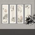 Four Panel Lotus Paintings On Gray Wall With Branch Decor 3d model