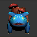 Cute Blue Creature With Red Mushrooms And Wooden Back Structure Tongue Out