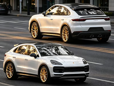 White Porsche Cayenne Coupe SUVs With Gold Wheels Parked On Urban Street 3d model
