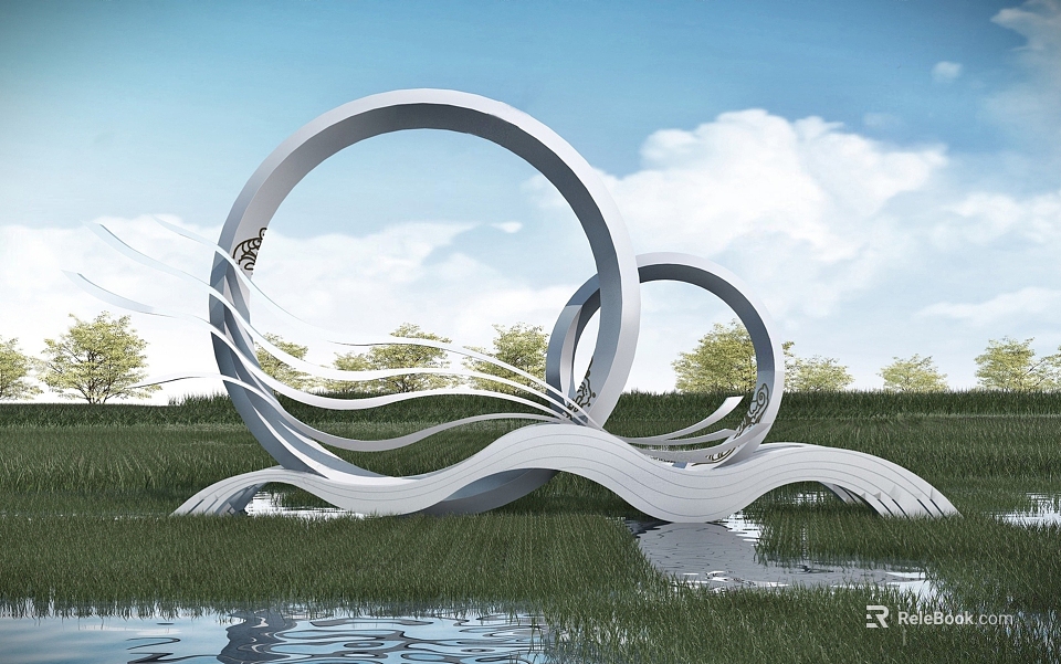 Modern White Sculpture With Circular Rings And Wavy Structures In Grass Field By Water Pond 3d model 