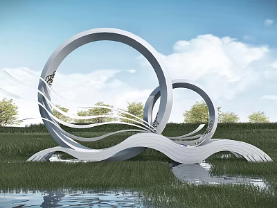 Modern White Sculpture With Circular Rings And Wavy Structures In Grass Field By Water Pond 3d model