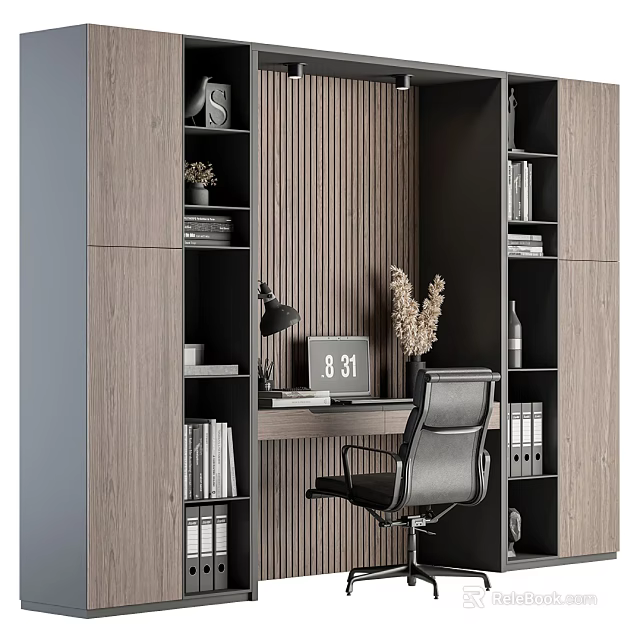 Modern Home Office Desk With Wooden Bookshelves Ergonomic Chair Table Lamp And Computer 3d model 