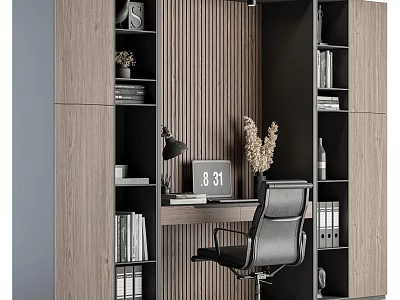 Modern Home Office Desk With Wooden Bookshelves Ergonomic Chair Table Lamp And Computer 3d model