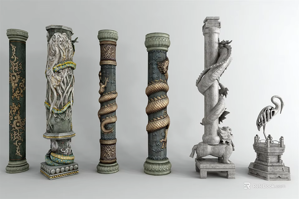 Various Decorative Columns With Intricate Dragon Carvings And Traditional Stone Bases 3d model 