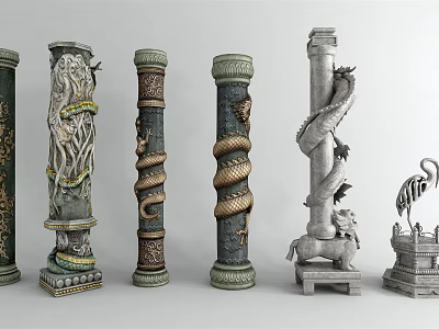 Various Decorative Columns With Intricate Dragon Carvings And Traditional Stone Bases 3d model