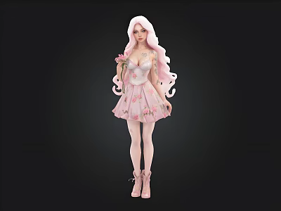 Female Figure With Pink Long Hair Wearing Pink Dress Holding Pink Flower 3d model