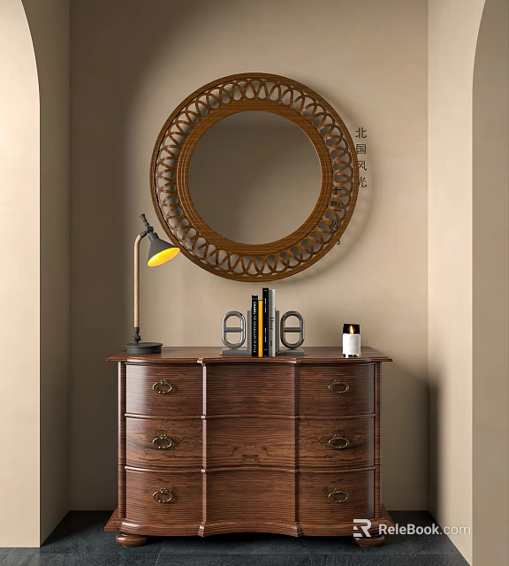 Wooden Entryway Console Table With Round Mirror Table Lamp And Decorative Books 3d model 
