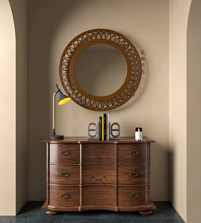 Wooden Entryway Console Table With Round Mirror Table Lamp And Decorative Books 3d model
