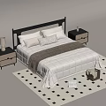 Modern Double Bed with Black Headboard Nightstands Table Lamps Plush Blanket and Checkered Rug