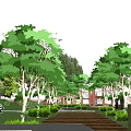 Park Landscape Featuring Lush Trees Curved Walkways Circular Plaza Red Structure And Playground Equipment