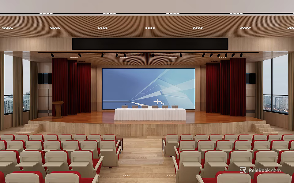 Spacious Conference Room With Stage Large Screen Podium And Rows Of Seats 3d model 