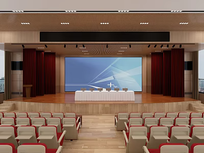Spacious Conference Room With Stage Large Screen Podium And Rows Of Seats 3d model