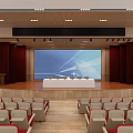 Spacious Conference Room With Stage Large Screen Podium And Rows Of Seats