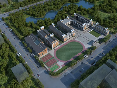 Red Brick School Campus Buildings With Green Sports Field Trees And Lake View 3d model