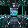 Futuristic Banquet Hall With Long Dining Tables Chairs Large Screen Projection And Teal Lighting