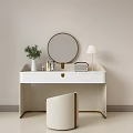 Modern White Dressing Table With Round Mirror Lamp Cosmetics And Potted Plant 3d model