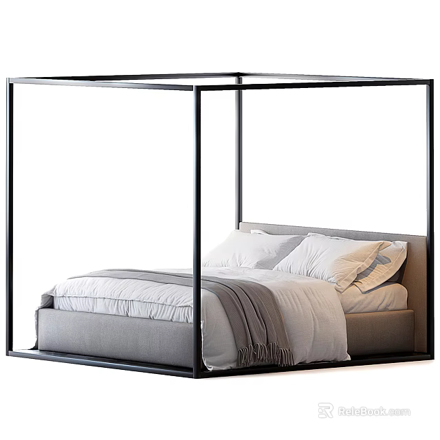Modern Four Poster Double Bed With Black Frame Gray White Mattress And Blanket 3d model 
