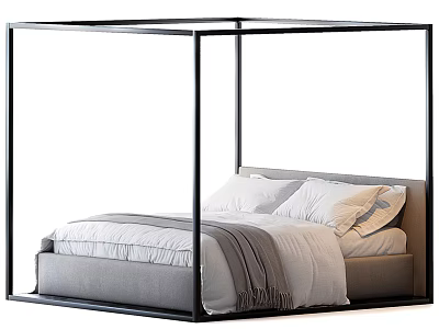 Modern Four Poster Double Bed With Black Frame Gray White Mattress And Blanket 3d model