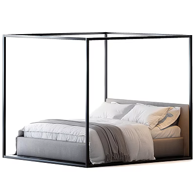 Modern Four Poster Double Bed With Black Frame Gray White Mattress And Blanket 3d model