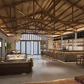Hotel Lobby Interior With Wooden Ceiling Woven Pendant Lights Bookshelves Bar Counter And Sofas
