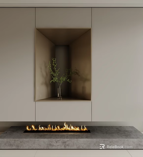 Modern Fireplace With Burning Flames Upper Shelf Holding Vase And Green Branches 3d model 
