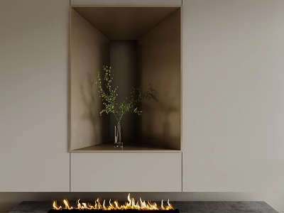 Modern Fireplace With Burning Flames Upper Shelf Holding Vase And Green Branches 3d model