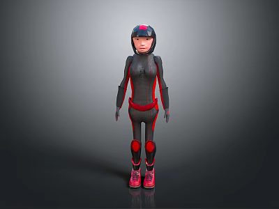 3D Character In Black Red Outfit With Helmet Knee Pads And Animal Companion 3d model