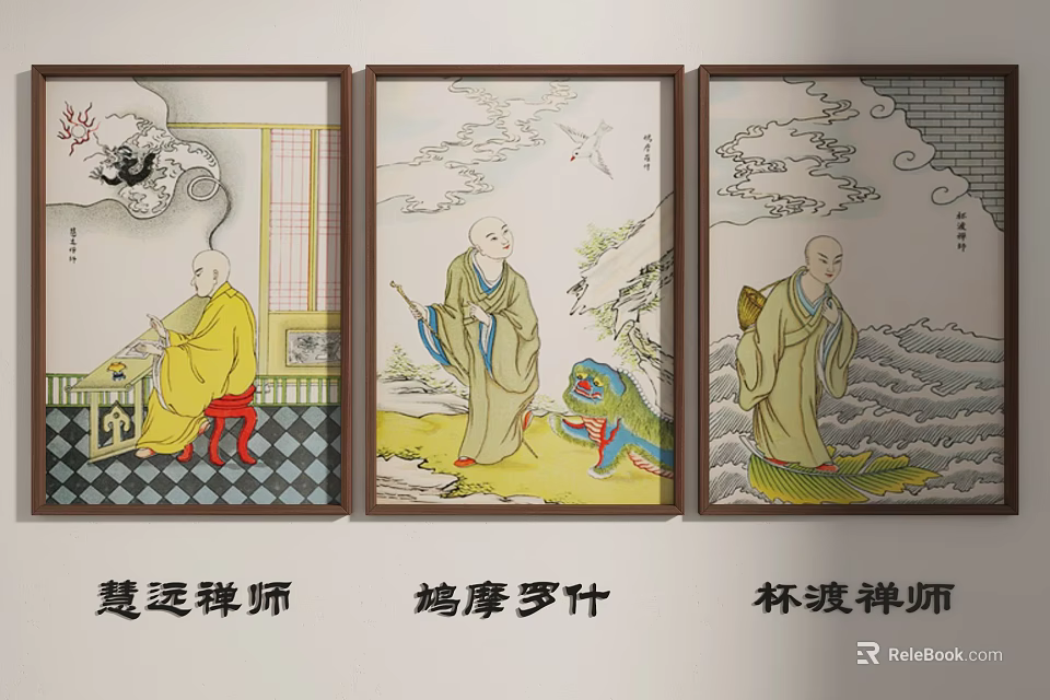 Traditional Buddhist Monk Portrait Paintings With Red Chair Incense Burner Green Beast Waves And Clouds 3d model 