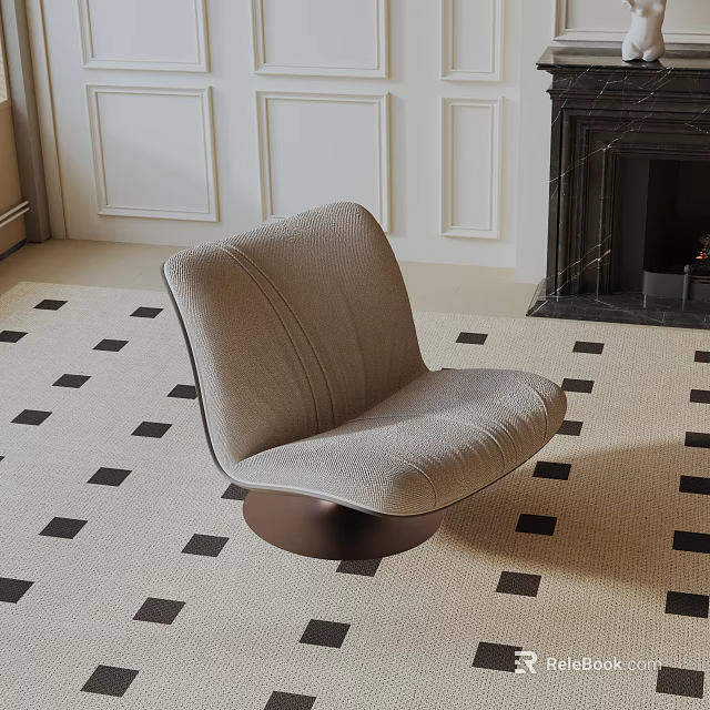 Light Gray Curved Accent Chair On Black Square Pattern Rug In Elegant Living Room 3d model 