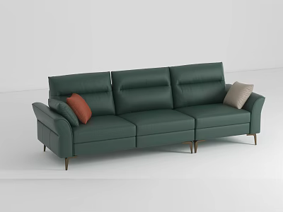 Modern Green Leather Three Seater Sofa With Orange And Beige Cushions And Metal Legs 3d model