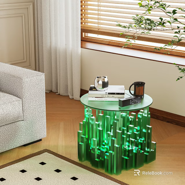 Modern Green Base Glass Top Side Table In Living Room Setting With Decor Items 3d model 