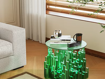 Modern Green Base Glass Top Side Table In Living Room Setting With Decor Items 3d model