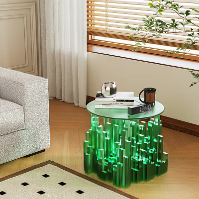 Modern Green Base Glass Top Side Table In Living Room Setting With Decor Items 3d model