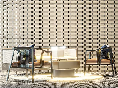 Stylish Leisure Chairs With Metal Frame Cushions Coffee Table And Warm Lighting By Geometric Wall 3d model