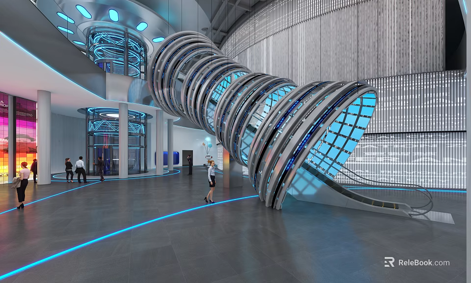 Modern Tech Exhibition Hall Interior With Spiral Glass Structure And Blue Lighting 3d model 
