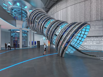 Modern Tech Exhibition Hall Interior With Spiral Glass Structure And Blue Lighting 3d model