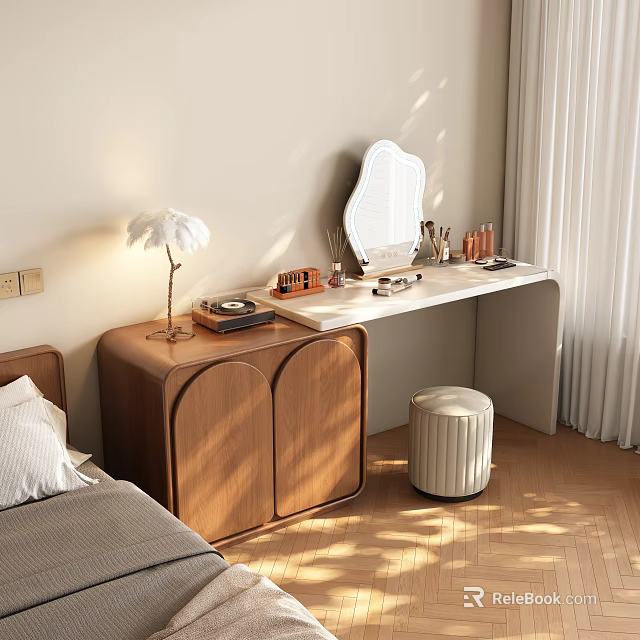 Modern Wooden Dressing Table With Mirror White Stool Cosmetics And Elegant Lamp 3d model 