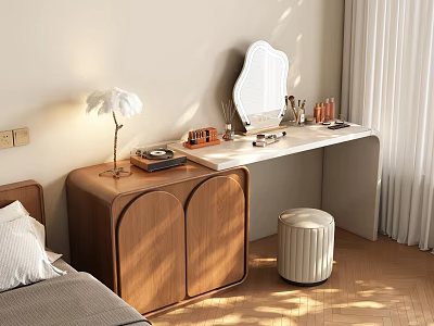 Modern Wooden Dressing Table With Mirror White Stool Cosmetics And Elegant Lamp 3d model
