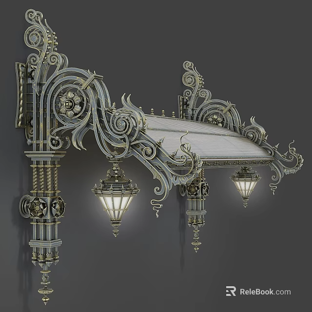Ornamental Metal Architectural Component with Intricate Scrollwork Carvings and Hanging Lanterns 3d model