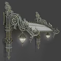 Ornamental Metal Architectural Component with Intricate Scrollwork Carvings and Hanging Lanterns 3d model