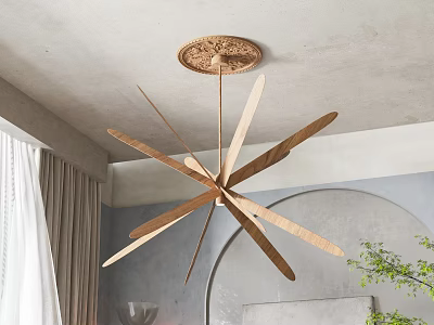 Modern Wooden Chandelier With Radial Blades In Minimalist Room With Gray Wall And Curtains 3d model