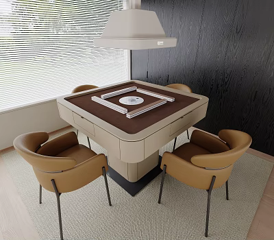 Square Entertainment Table With Brown Tabletop And Four Brown Chairs In Modern Living Room 3d model