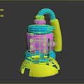 Colorful Household Cleaning Tool With Layered Design Curved Blue Handle Pink Mesh And Yellow Buttons