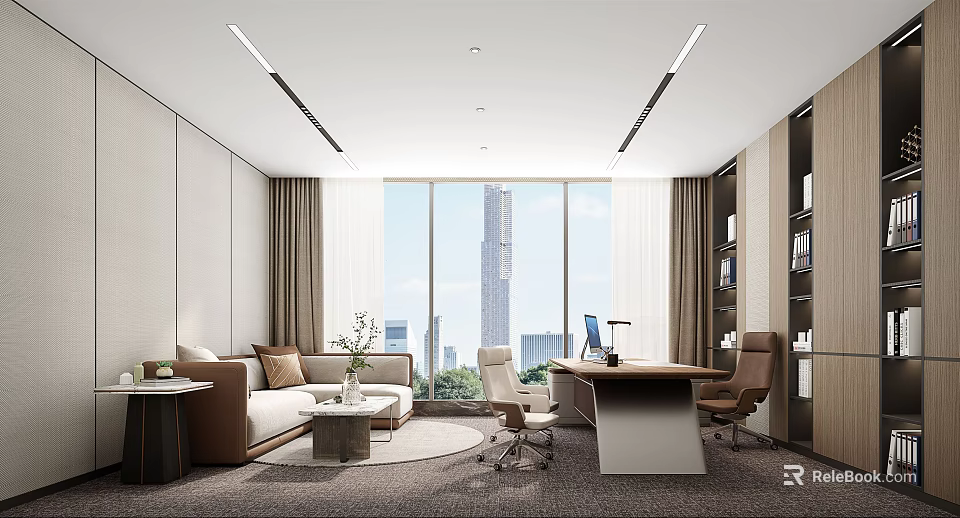 Modern Office Interior With Sofa Coffee Table Desk And Large Windows City View 3d model
