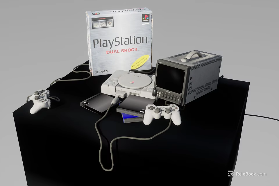Vintage PlayStation Original Gaming Equipment with Two Controllers Yellow Disc and Silver Monitor 3d model 